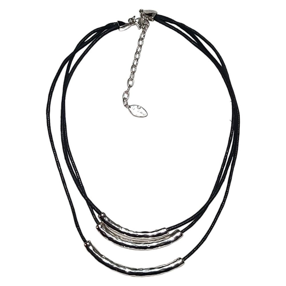 Vintage St Thomas Signed‎ Black Leather Silver Tone Metal Necklace 16"-18"